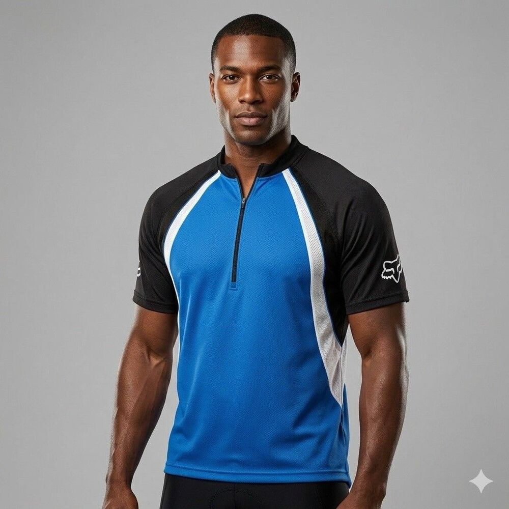 Fox Racing Men's XL Short Sleeve Cycling Jersey 1/4 Zip Blue Black White Pocket
